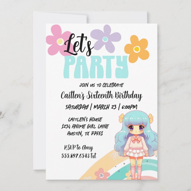 Anime Birthday Girl Blue Pink Cute Retro Invite (Front)