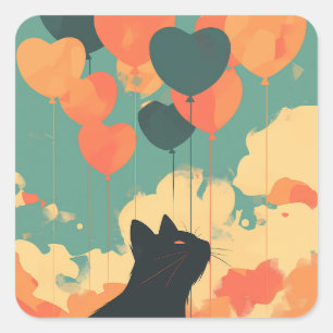 Anime Black Cat with Heart Shaped Balloons  Square Sticker