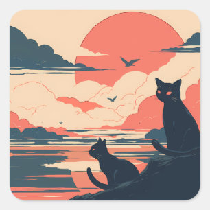 Anime Black Cats at Sunset – Japanese Style Square Sticker
