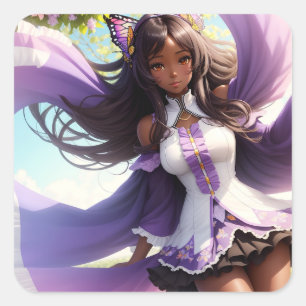 Anime Black Girl Purple Animecore Square Sticker