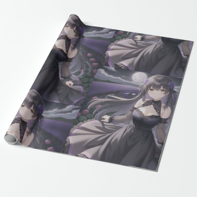 Anime Black & Purple Wrapping Paper (Unrolled)