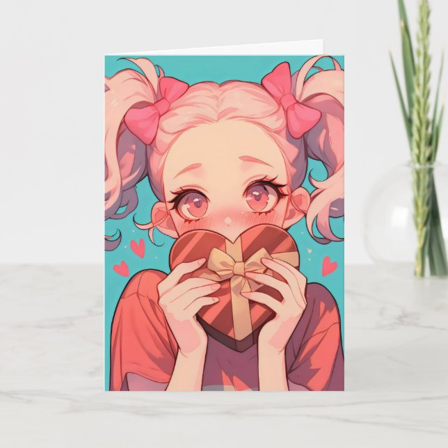 Anime Blonde Girl Heart Love Holiday Card (Front)