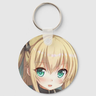 Anime blonde-haired girl emerald green eyes key ring