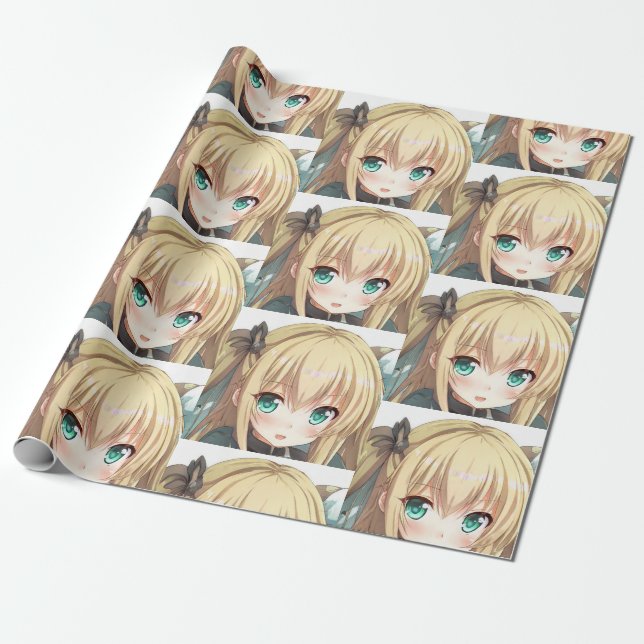 Anime blonde-haired girl emerald green eyes wrapping paper (Unrolled)