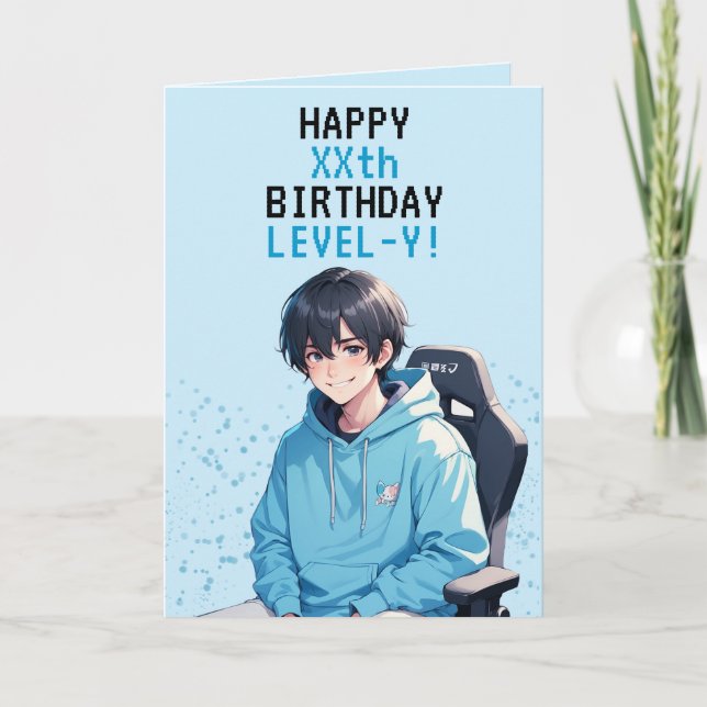 Anime Blue Gamer Personalised Birthday Card (Front)