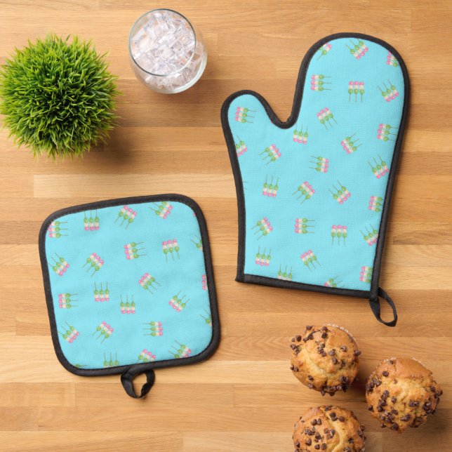 Anime Blue Pastel Dango Oven Mitt & Pot Holder Set (Top Down)