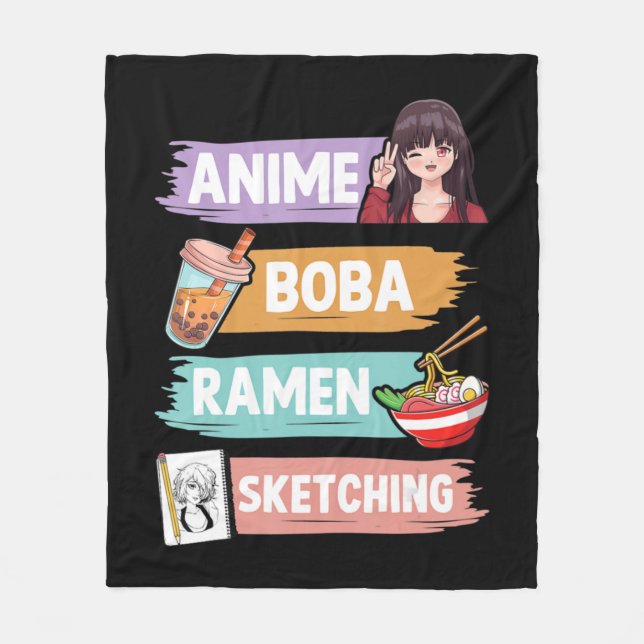 Anime Boba Ramen Sketching Otaku Kawaii Anime Girl Fleece Blanket (Front)