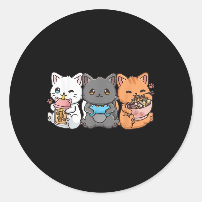 Anime Boba Tea Bubble Tea Gaming Gamer Ramen Cat  Classic Round Sticker (Front)