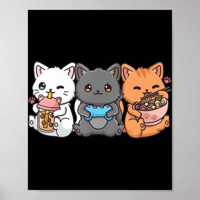 Anime Boba Tea Bubble Tea Gaming Gamer Ramen Cat  Poster (Front)