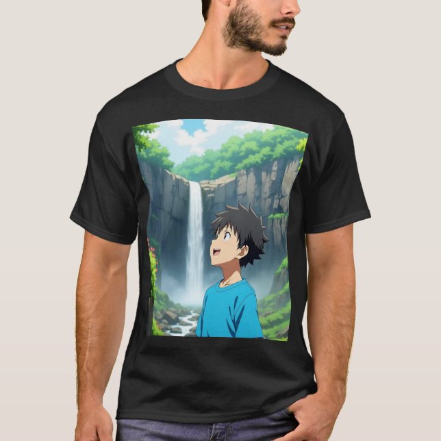 Anime Boy Admiring Waterfall in a Beautiful Nature T-Shirt (Front)