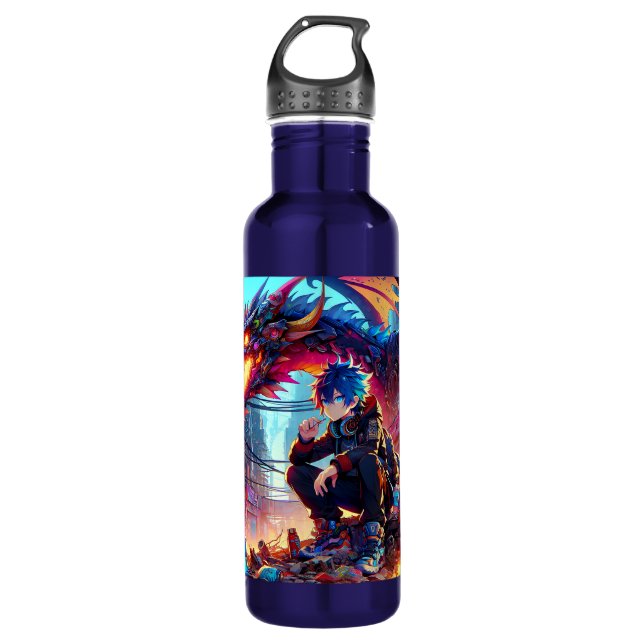 Anime Boy and Dragon in a Dystopian World 710 Ml Water Bottle (Front)