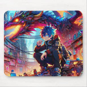 Anime Boy and Dragon in a Dystopian World Mouse Mat