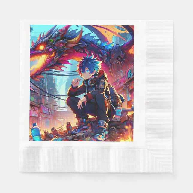 Anime Boy and Dragon in a Dystopian World Napkin (Front)