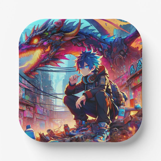 Anime Boy and Dragon in a Dystopian World Paper Plate (Front)
