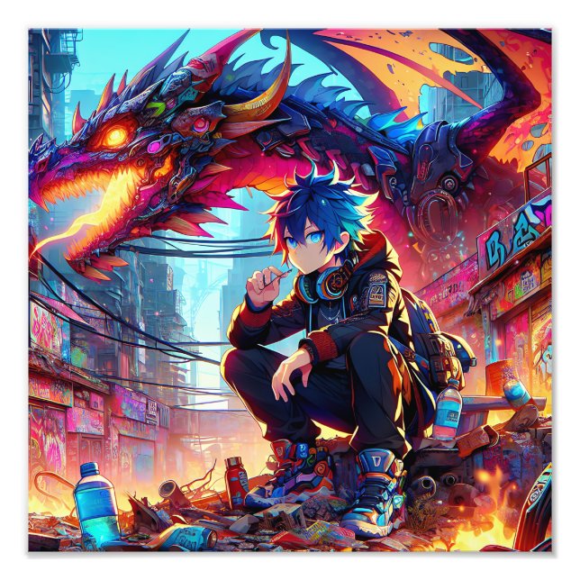 Anime Boy and Dragon in a Dystopian World Photo Print (Front)