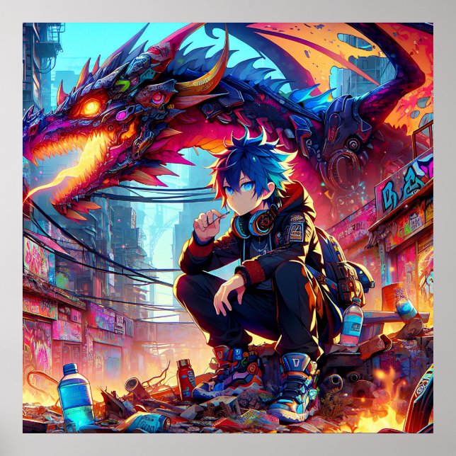Anime Boy and Dragon in a Dystopian World Poster (Front)