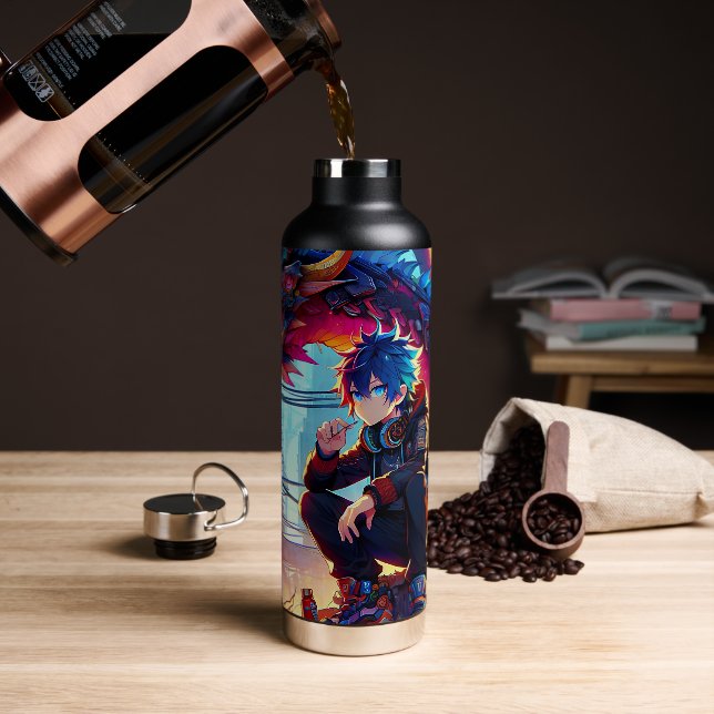 Anime Boy and Dragon in a Dystopian World Water Bottle (Coffee)