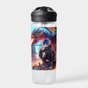 Anime Boy and Dragon in a Dystopian World Water Bottle