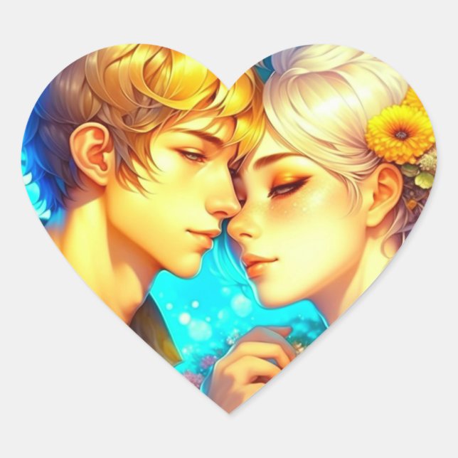 Anime Boy and Girl about to Share a Kiss Heart Sticker (Front)