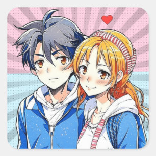 Anime Boy and Girl Couple with Heart Square Sticker