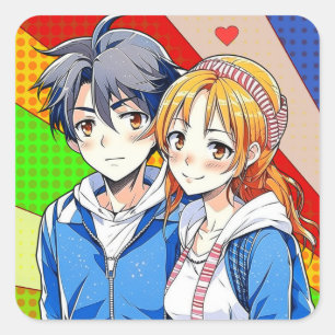Anime Boy and Girl Couple with Heart Square Sticker