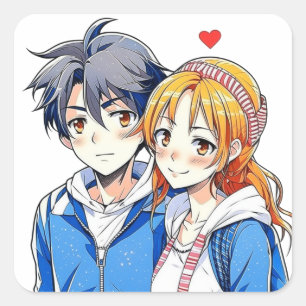 Anime Boy and Girl Couple with Heart Square Sticker
