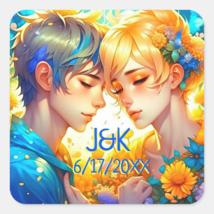 Anime Boy and Girl Floral Couple Personalised Square Sticker
