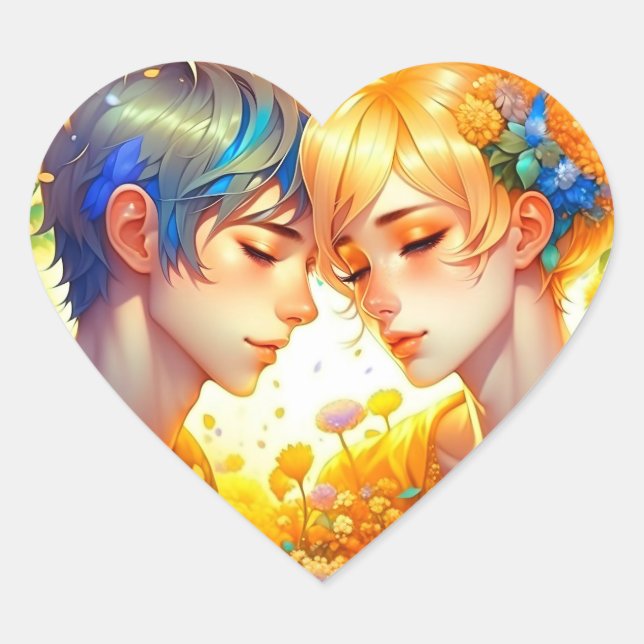 Anime Boy and Girl Floral Couple Themed Heart Sticker (Front)