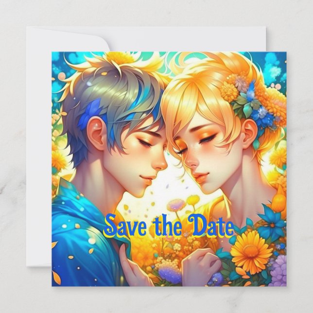 Anime Boy and Girl Floral Themed Wedding Save The Date (Front)
