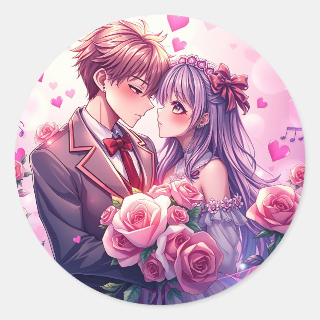 Anime Boy and Girl Valentine's Day Classic Round Sticker (Front)
