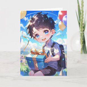Anime Boy Balloon Present Holiday Card