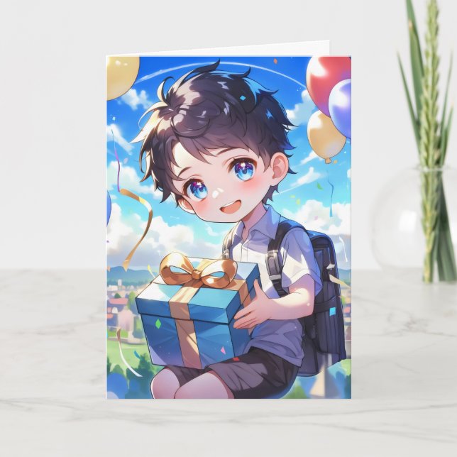 Anime Boy Balloon Present Holiday Card (Front)