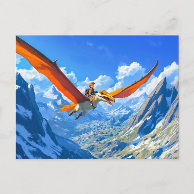 Anime boy flying Pteranodon dinosaur Alps Holiday Postcard (Front)