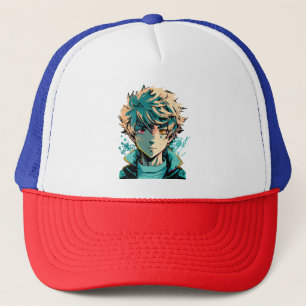 Anime Boy: Gold Hair, Pink and Gold Eyes Trucker Hat