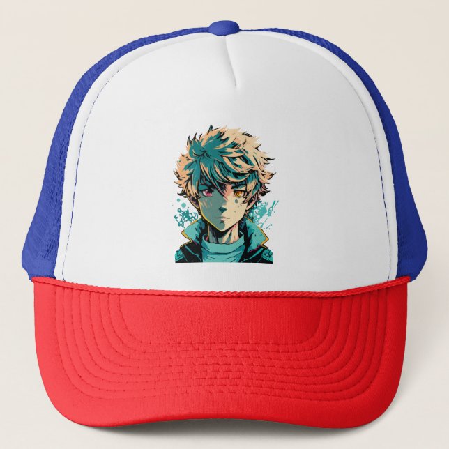 Anime Boy: Gold Hair, Pink and Gold Eyes Trucker Hat (Front)