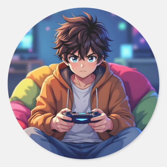 Anime Boy playing Video Game  Classic Round Sticker (Front)