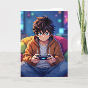 Anime Boy playing Video Game Personalised Birthday Card