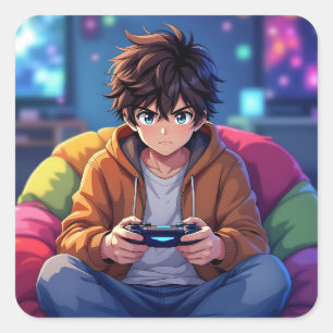 Anime Boy playing Video Game Square Sticker