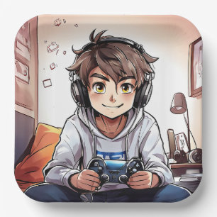 Anime Boy Playing Video Games Birthday Party Paper Plate