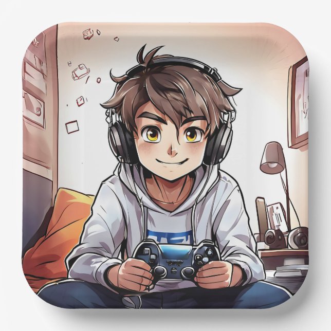 Anime Boy Playing Video Games Birthday Party Paper Plate (Front)