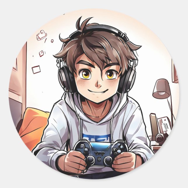 Anime Boy Playing Video Games Classic Round Sticker (Front)