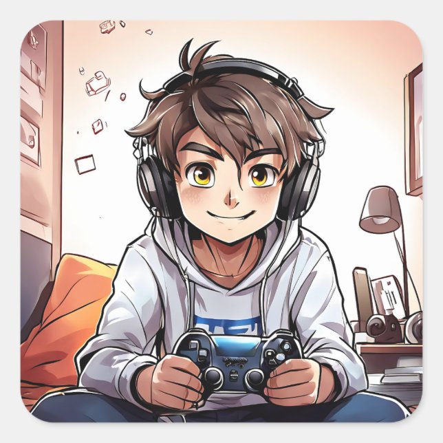 Anime Boy Playing Video Games Square Sticker (Front)