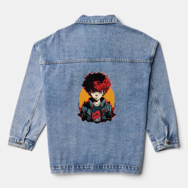 Anime Boy: Red and Black Hair Illustration Denim Jacket (Back)