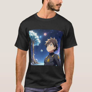 Anime Boy Under Starry Sky with Planets – Fantasy T-Shirt