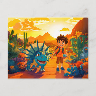 Anime boy walking Triceratops at sunset Holiday Postcard