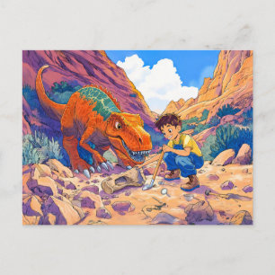 Anime boy with T-Rex on fossil hunt Holiday Postcard