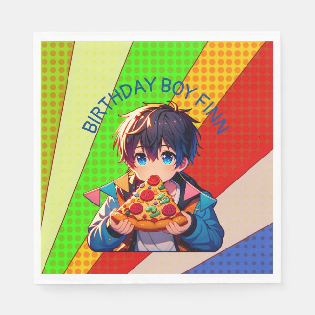 Anime Boy's Pizza Party Personalised Napkin (Front)