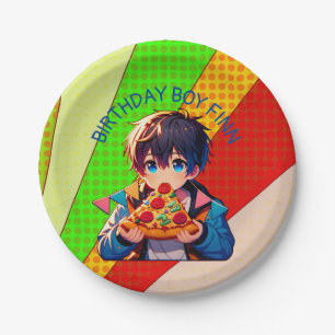 Anime Boy's Pizza Party Personalised Paper Plate