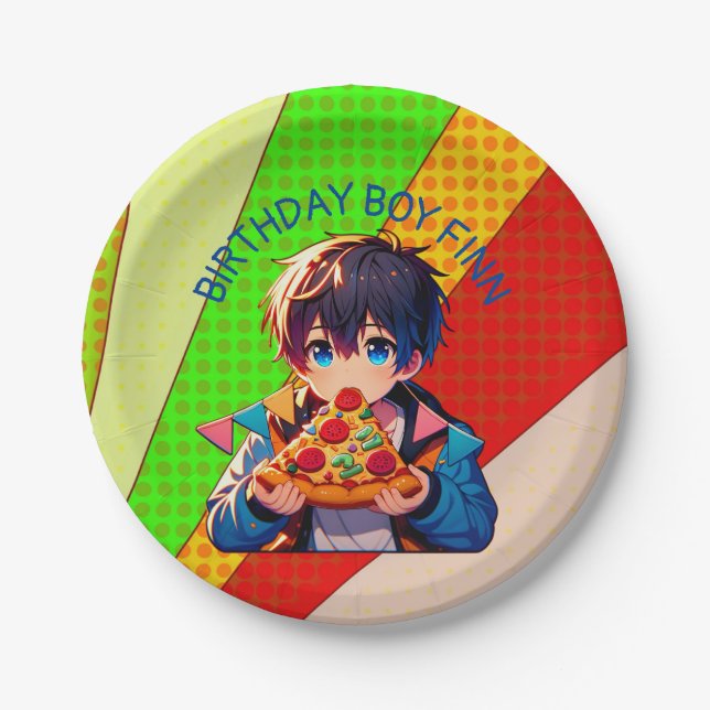 Anime Boy's Pizza Party Personalised Paper Plate (Front)