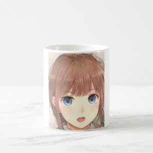 Anime brown-haired girl with blue eyes surprised coffee mug